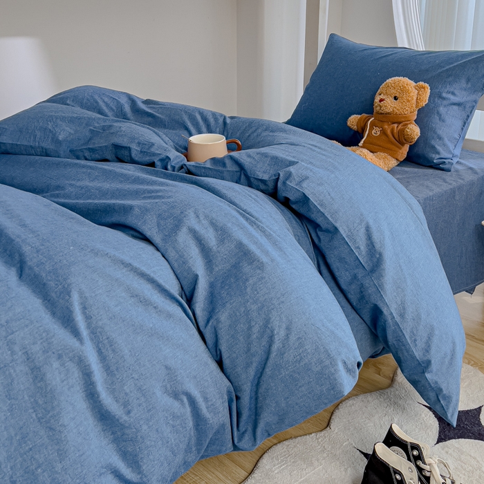 91家纺网 家纺一手货源 找家纺 久典家居 2025A类全棉色织水洗棉学生款三件套 牛仔蓝