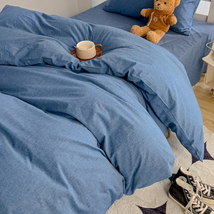 91家纺网 家纺一手货源 找家纺 久典家居 2025A类全棉色织水洗棉学生款三件套 牛仔蓝