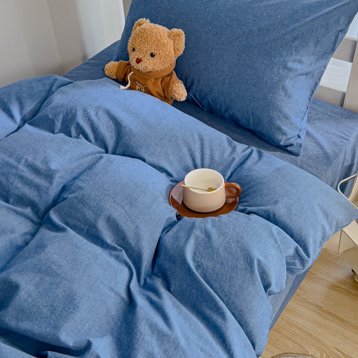 91家纺网 家纺一手货源 找家纺 久典家居 2025A类全棉色织水洗棉学生款三件套 牛仔蓝