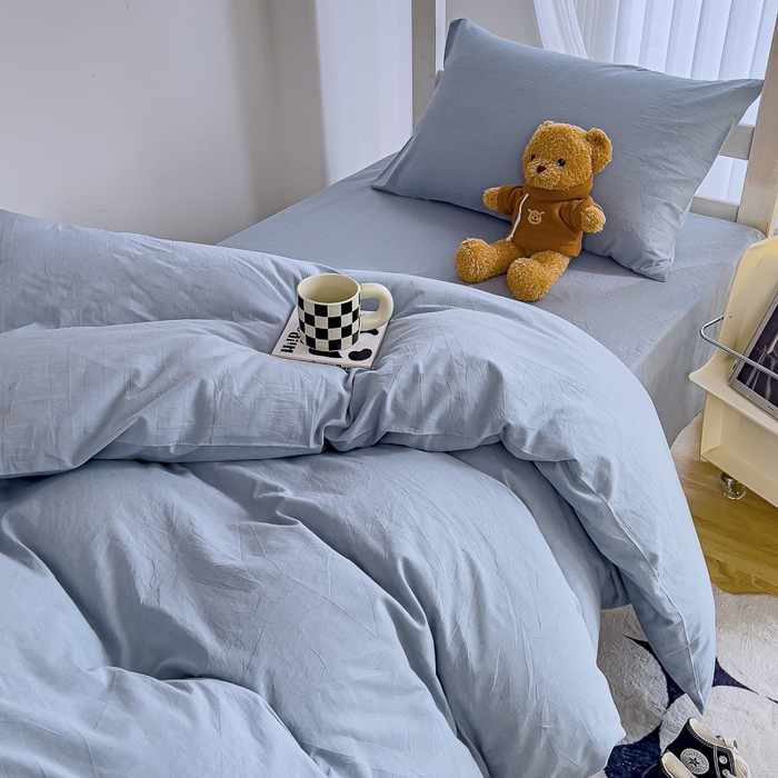 91家纺网 家纺一手货源 找家纺 久典家居 2025A类全棉色织水洗棉学生款三件套 浅水蓝