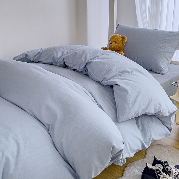 91家纺网 家纺一手货源 找家纺 久典家居 2025A类全棉色织水洗棉学生款三件套 浅水蓝