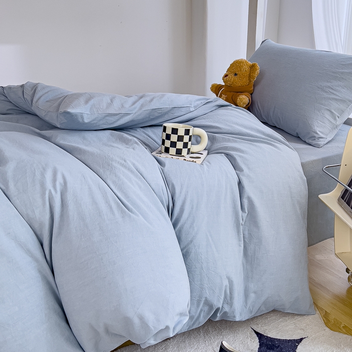 91家纺网 家纺一手货源 找家纺 久典家居 2025A类全棉色织水洗棉学生款三件套 浅水蓝