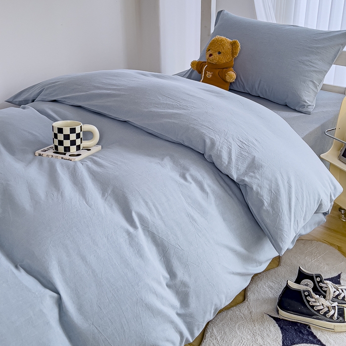 91家纺网 家纺一手货源 找家纺 久典家居 2025A类全棉色织水洗棉学生款三件套 浅水蓝