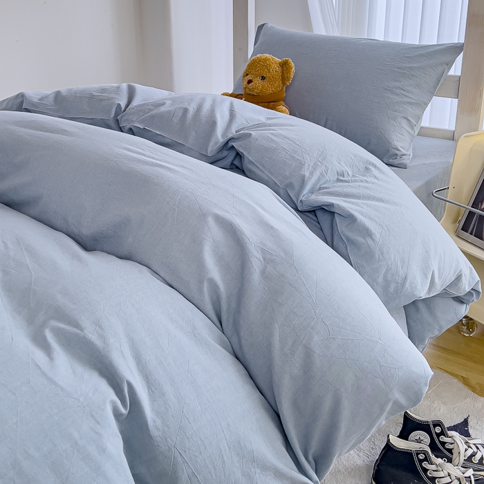 91家纺网 家纺一手货源 找家纺 久典家居 2025A类全棉色织水洗棉学生款三件套 浅水蓝