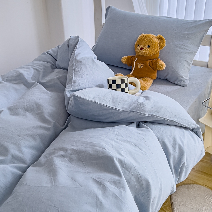 91家纺网 家纺一手货源 找家纺 久典家居 2025A类全棉色织水洗棉学生款三件套 浅水蓝