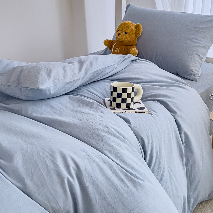 91家纺网 家纺一手货源 找家纺 久典家居 2025A类全棉色织水洗棉学生款三件套 浅水蓝