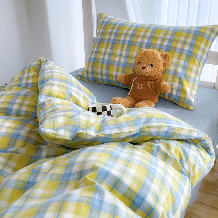 91家纺网 家纺一手货源 找家纺 久典家居 2025A类全棉色织水洗棉学生款三件套 清妍黄