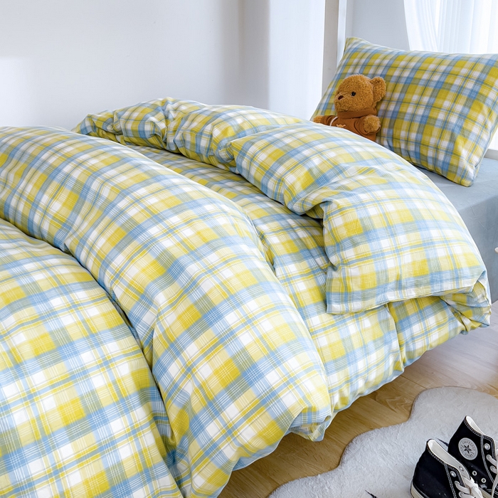 91家纺网 家纺一手货源 找家纺 久典家居 2025A类全棉色织水洗棉学生款三件套 清妍黄