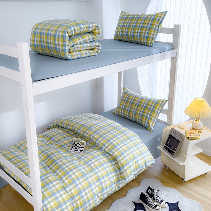 91家纺网 家纺一手货源 找家纺 久典家居 2025A类全棉色织水洗棉学生款三件套 清妍黄