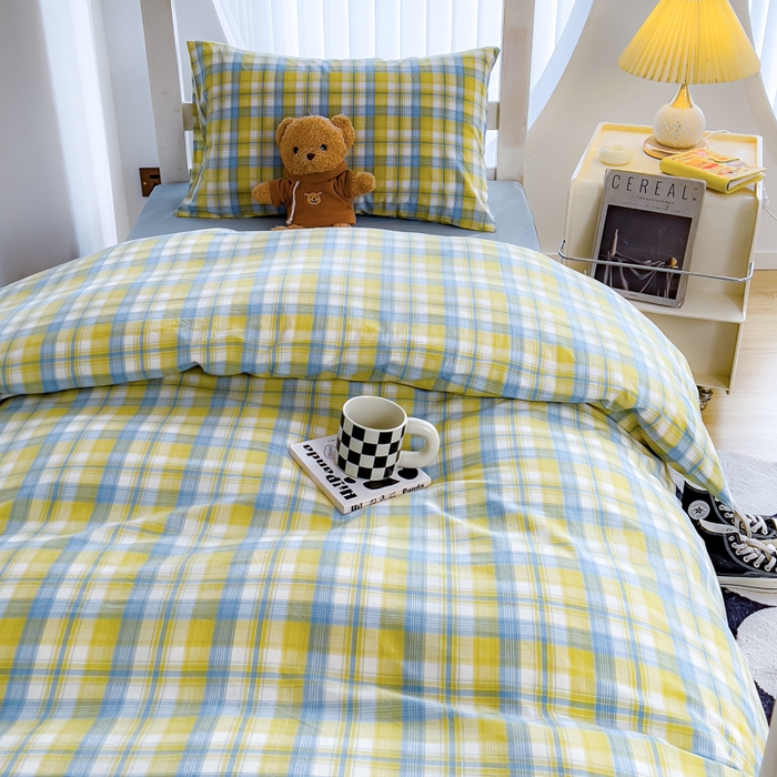 91家纺网 家纺一手货源 找家纺 久典家居 2025A类全棉色织水洗棉学生款三件套 清妍黄