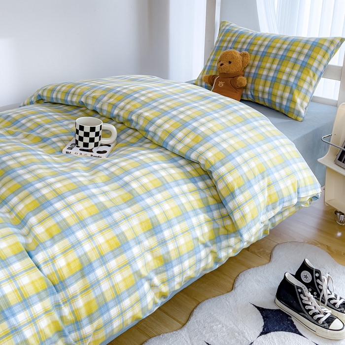 91家纺网 家纺一手货源 找家纺 久典家居 2025A类全棉色织水洗棉学生款三件套 清妍黄