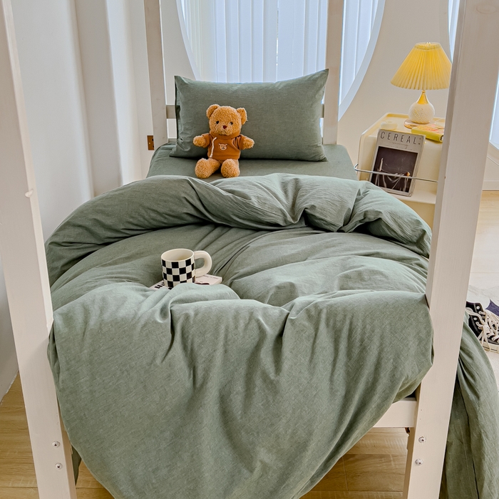 91家纺网 家纺一手货源 找家纺 久典家居 2025A类全棉色织水洗棉学生款三件套 深绿