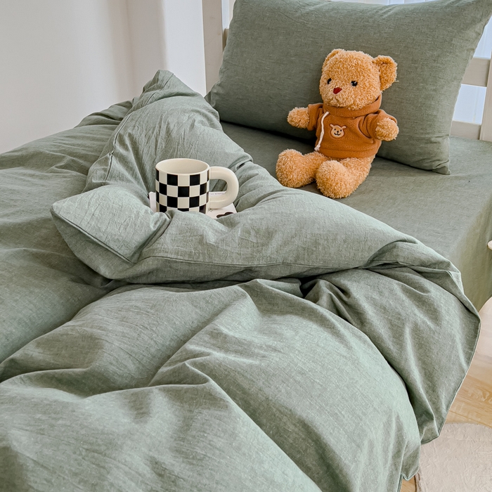 91家纺网 家纺一手货源 找家纺 久典家居 2025A类全棉色织水洗棉学生款三件套 深绿