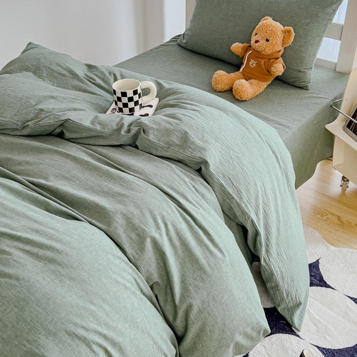 91家纺网 家纺一手货源 找家纺 久典家居 2025A类全棉色织水洗棉学生款三件套 深绿