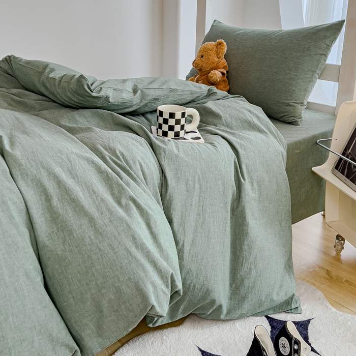 91家纺网 家纺一手货源 找家纺 久典家居 2025A类全棉色织水洗棉学生款三件套 深绿