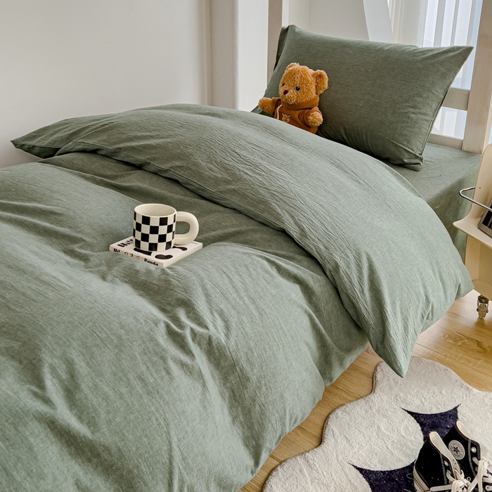 91家纺网 家纺一手货源 找家纺 久典家居 2025A类全棉色织水洗棉学生款三件套 深绿