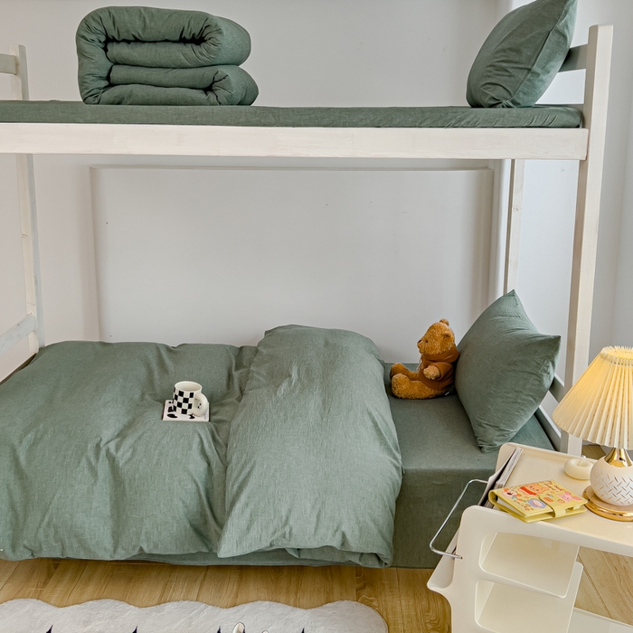 91家纺网 家纺一手货源 找家纺 久典家居 2025A类全棉色织水洗棉学生款三件套 深绿