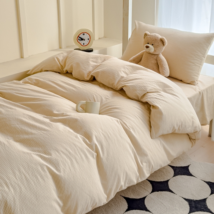 91家纺网 家纺一手货源 找家纺 久典家居 2025A类全棉色织水洗棉学生款三件套 糖果卡其