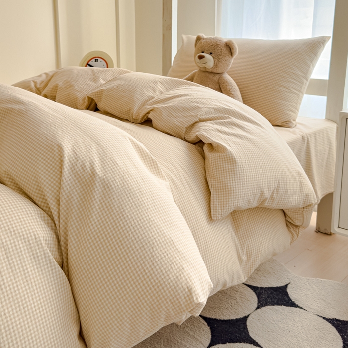 91家纺网 家纺一手货源 找家纺 久典家居 2025A类全棉色织水洗棉学生款三件套 糖果卡其