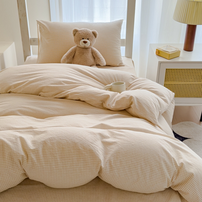 91家纺网 家纺一手货源 找家纺 久典家居 2025A类全棉色织水洗棉学生款三件套 糖果卡其