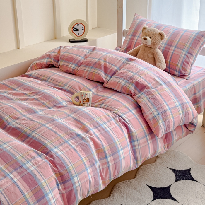 91家纺网 家纺一手货源 找家纺 久典家居 2025A类全棉色织水洗棉学生款三件套 昭华粉-拍摄一