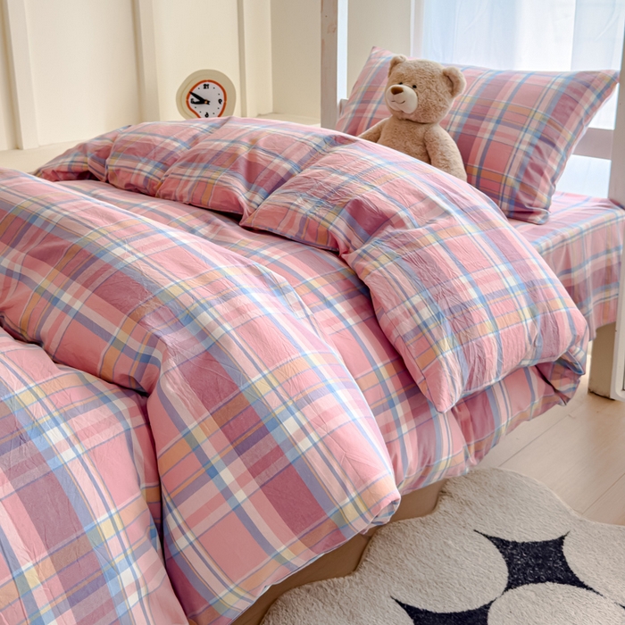 91家纺网 家纺一手货源 找家纺 久典家居 2025A类全棉色织水洗棉学生款三件套 昭华粉-拍摄一