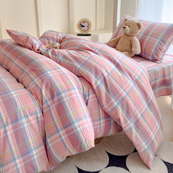 91家纺网 家纺一手货源 找家纺 久典家居 2025A类全棉色织水洗棉学生款三件套 昭华粉-拍摄一