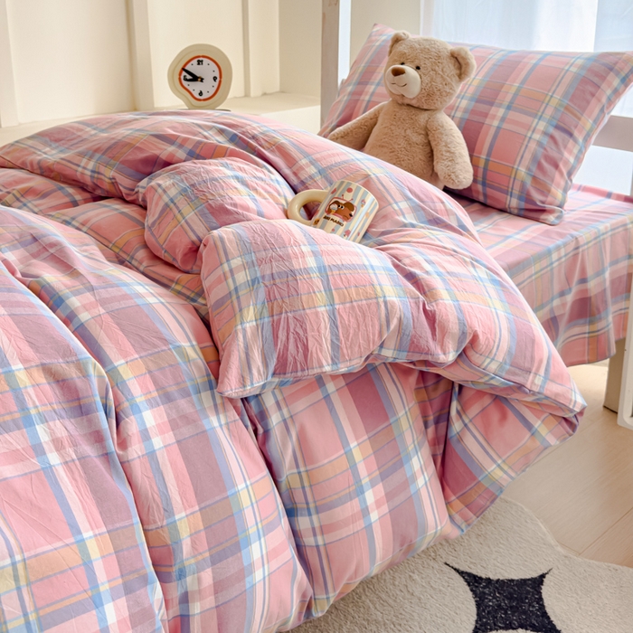 91家纺网 家纺一手货源 找家纺 久典家居 2025A类全棉色织水洗棉学生款三件套 昭华粉-拍摄一