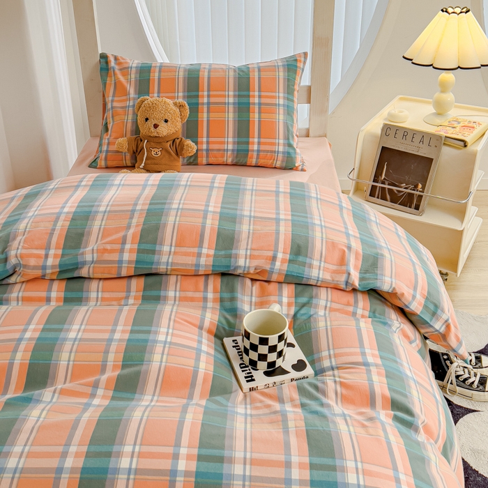 91家纺网 家纺一手货源 找家纺 久典家居 2025A类全棉色织水洗棉学生款三件套 昭华桔