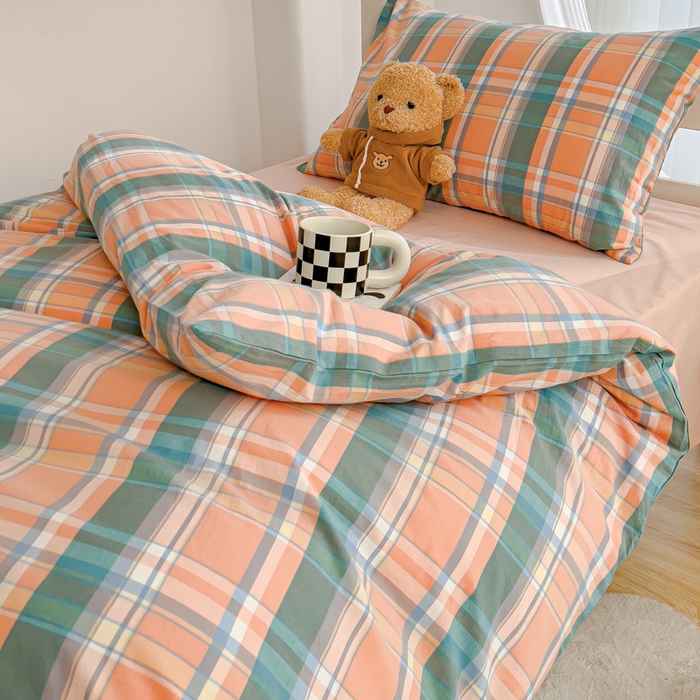 91家纺网 家纺一手货源 找家纺 久典家居 2025A类全棉色织水洗棉学生款三件套 昭华桔