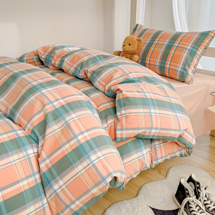 91家纺网 家纺一手货源 找家纺 久典家居 2025A类全棉色织水洗棉学生款三件套 昭华桔