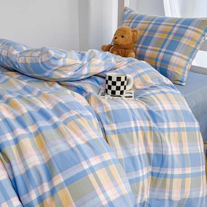 91家纺网 家纺一手货源 找家纺 久典家居 2025A类全棉色织水洗棉学生款三件套 昭华蓝-拍摄二