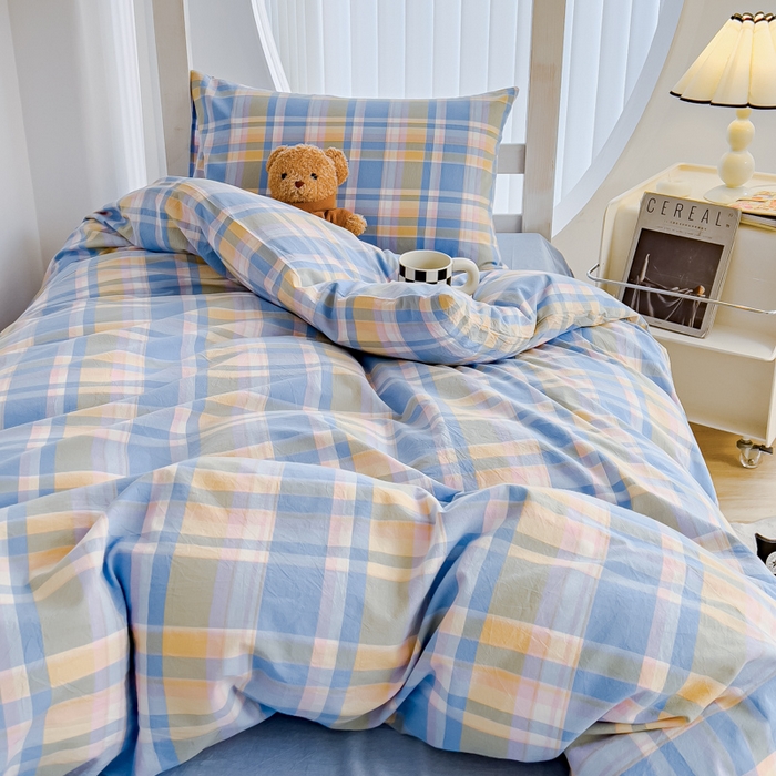 91家纺网 家纺一手货源 找家纺 久典家居 2025A类全棉色织水洗棉学生款三件套 昭华蓝-拍摄二