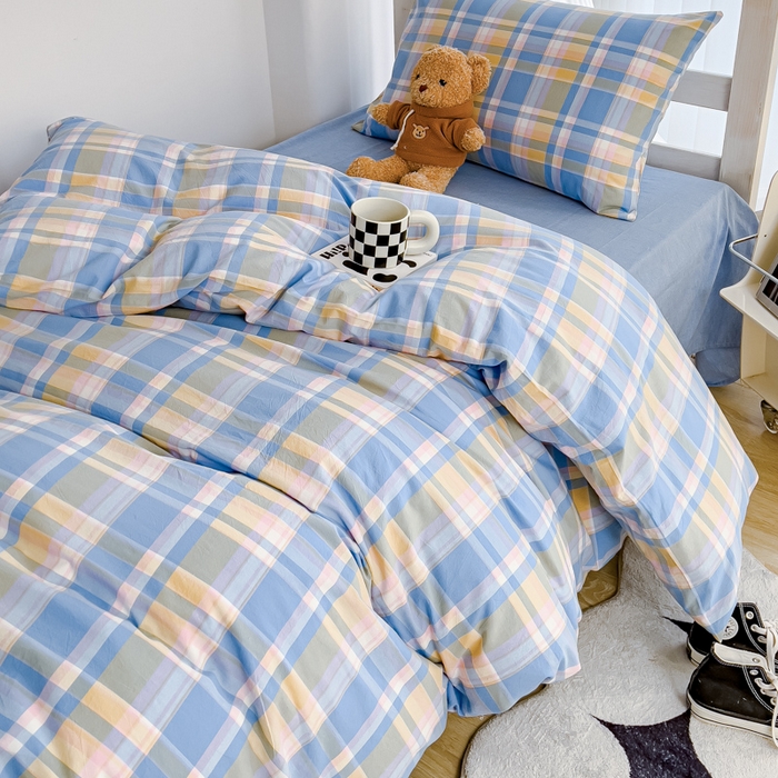 91家纺网 家纺一手货源 找家纺 久典家居 2025A类全棉色织水洗棉学生款三件套 昭华蓝-拍摄二