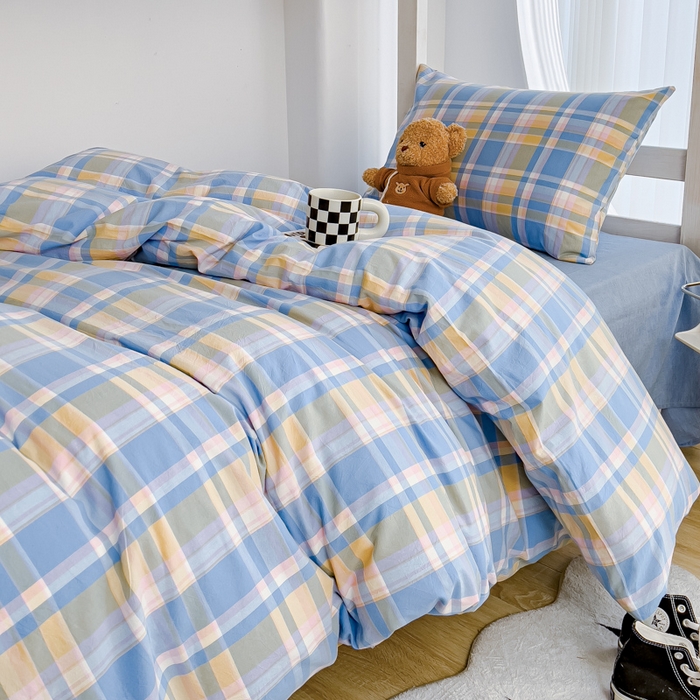 91家纺网 家纺一手货源 找家纺 久典家居 2025A类全棉色织水洗棉学生款三件套 昭华蓝-拍摄二