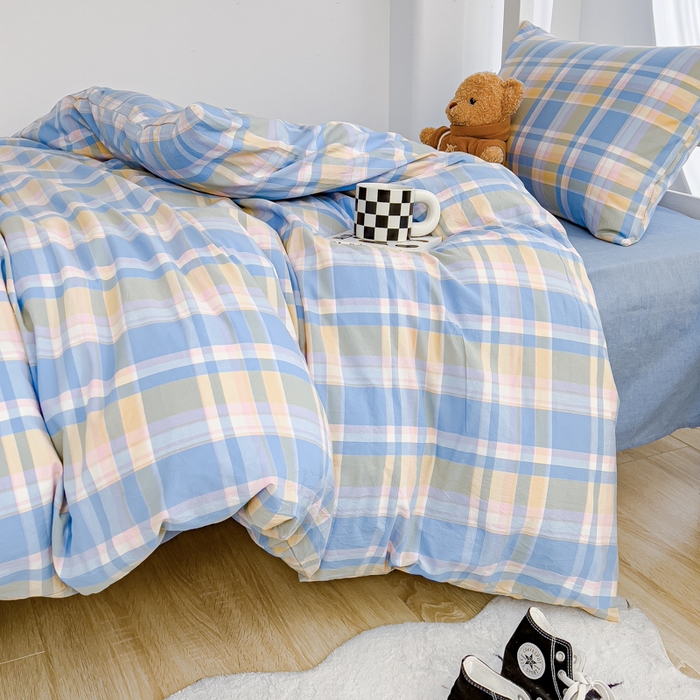 91家纺网 家纺一手货源 找家纺 久典家居 2025A类全棉色织水洗棉学生款三件套 昭华蓝-拍摄二