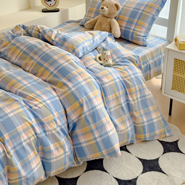 91家纺网 家纺一手货源 找家纺 久典家居 2025A类全棉色织水洗棉学生款三件套 昭华蓝-拍摄一