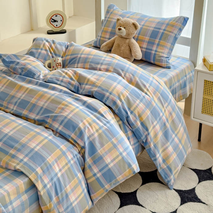 91家纺网 家纺一手货源 找家纺 久典家居 2025A类全棉色织水洗棉学生款三件套 昭华蓝-拍摄一