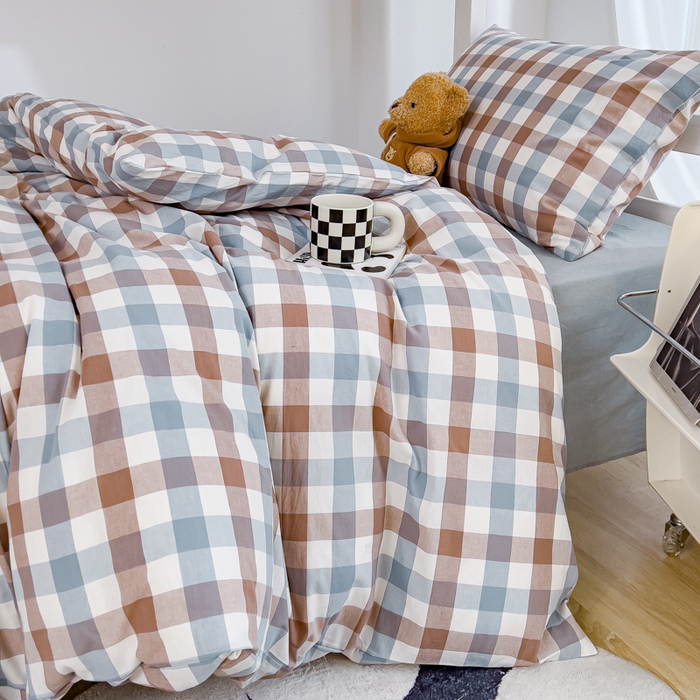 91家纺网 家纺一手货源 找家纺 久典家居 2025A类全棉色织水洗棉学生款三件套 中格蓝