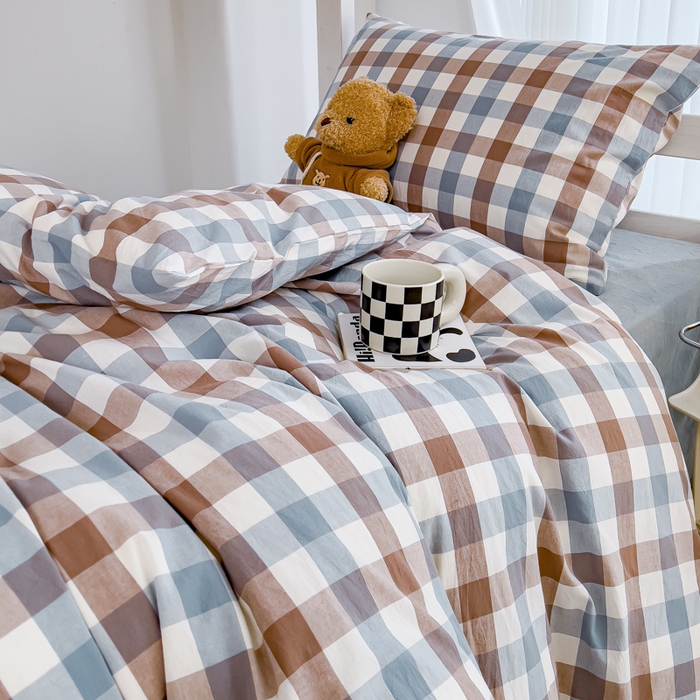 91家纺网 家纺一手货源 找家纺 久典家居 2025A类全棉色织水洗棉学生款三件套 中格蓝