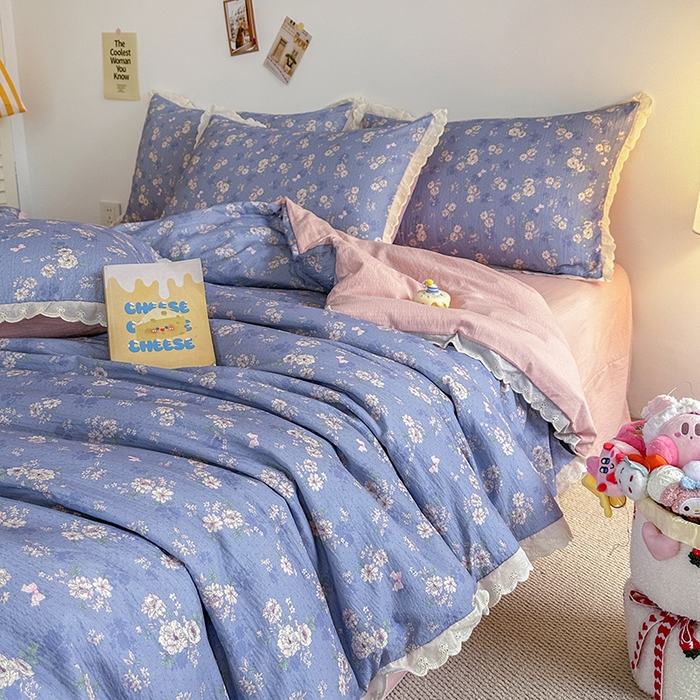 91家纺网 家纺一手货源 找家纺 斯卡诺家纺 2025新款纯棉花边双层纱四件套水洗棉四件套 花语