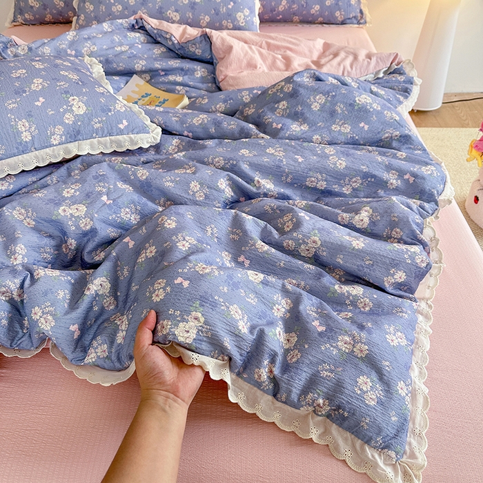 91家纺网 家纺一手货源 找家纺 斯卡诺家纺 2025新款纯棉花边双层纱四件套水洗棉四件套 花语