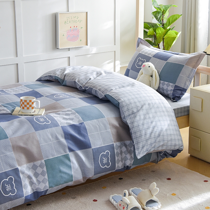 91家纺网 家纺一手货源 找家纺 鑫宇2025新款13372全棉学生宿舍上下铺三件套床单款床笠款可定制 邦尼熊-灰