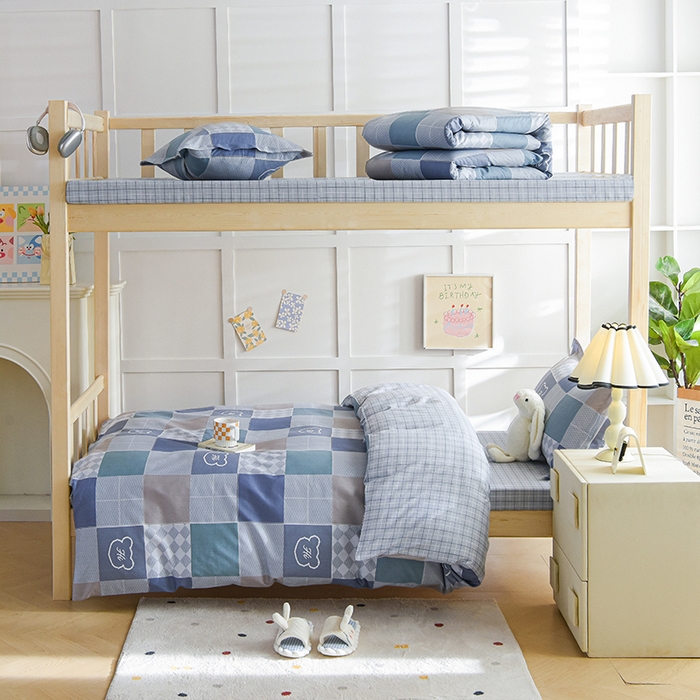 91家纺网 家纺一手货源 找家纺 鑫宇2025新款13372全棉学生宿舍上下铺三件套床单款床笠款可定制 邦尼熊-灰