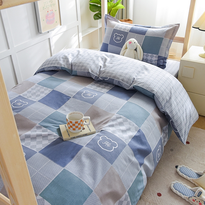 91家纺网 家纺一手货源 找家纺 鑫宇2025新款13372全棉学生宿舍上下铺三件套床单款床笠款可定制 邦尼熊-灰