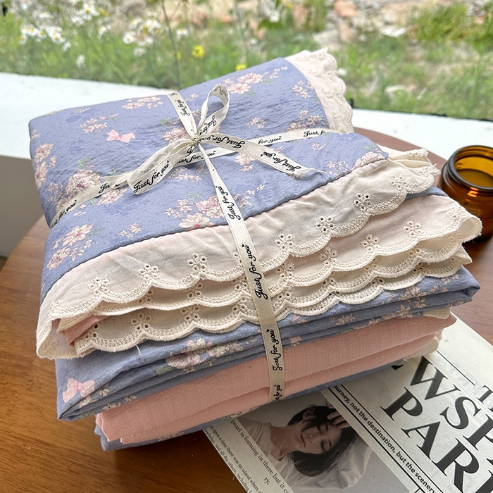 91家纺网 家纺一手货源 找家纺 斯卡诺家纺 2025新款纯棉花边双层纱夏被四件套水洗棉夏被四件套 花语