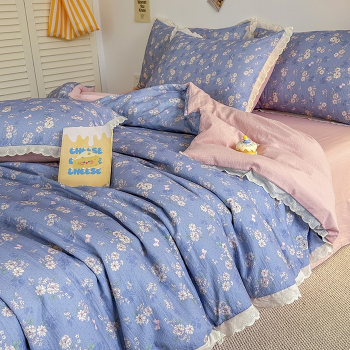 91家纺网 家纺一手货源 找家纺 斯卡诺家纺 2025新款纯棉花边双层纱夏被四件套水洗棉夏被四件套 花语