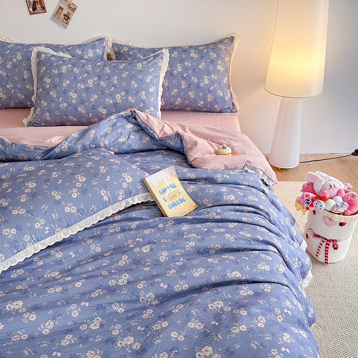 91家纺网 家纺一手货源 找家纺 斯卡诺家纺 2025新款纯棉花边双层纱夏被四件套水洗棉夏被四件套 花语