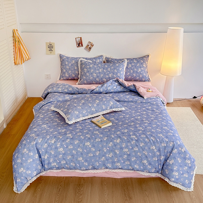 91家纺网 家纺一手货源 找家纺 斯卡诺家纺 2025新款纯棉花边双层纱夏被四件套水洗棉夏被四件套 花语