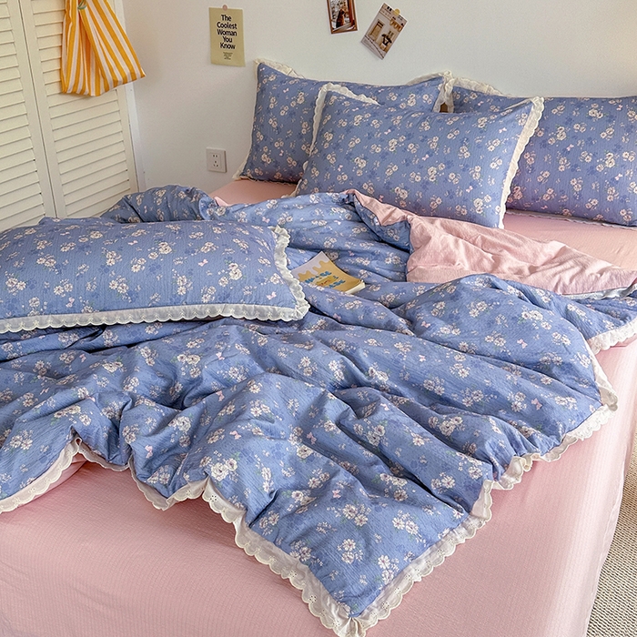 91家纺网 家纺一手货源 找家纺 斯卡诺家纺 2025新款纯棉花边双层纱夏被四件套水洗棉夏被四件套 花语